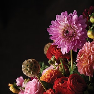 A bouquet of fall-toned flowers
