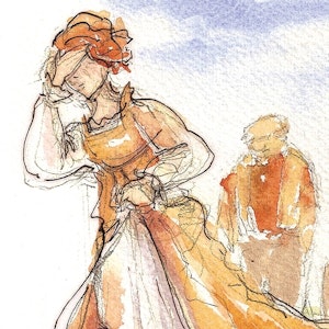 An illustration of a woman from a Lamplighter Publishing book.
