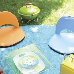 Various picnic accessories are set out on a blue picnic blanket.
