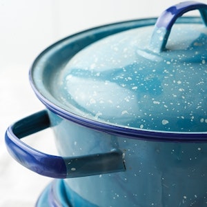 A blue enamelware pot
